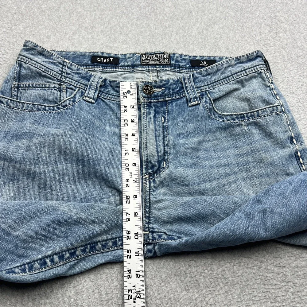 Affliction Grant Jeans Mens 34* Blue Embroidered Cross Pockets Straight Leg